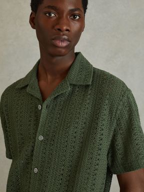 Olive Green Reiss Paradise Cotton Crochet Cuban Collar Shirt