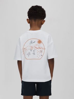 Optic White/Orange Reiss Monte Cotton Crew Neck Motif T-Shirt