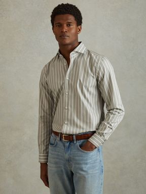Sage/White Reiss Omar Cotton Striped Cutaway Collar Shirt
