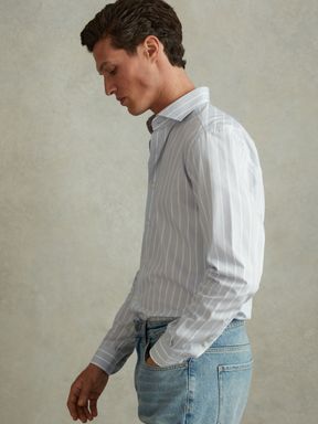 Blue/White Reiss Omar Cotton Striped Cutaway Collar Shirt