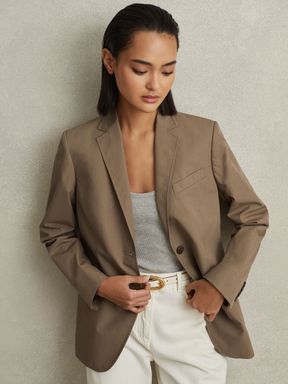Taupe Reiss Hope Single Breasted Cotton Blazer