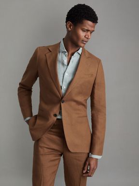 Tobacco Brown Reiss Kin Slim Fit Single Breasted Linen Blazer