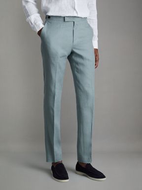 Aqua Blue Reiss Kin Slim Fit Linen Adjuster Trousers