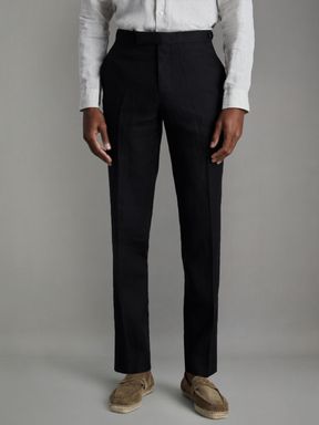 Black Reiss Kin Slim Fit Linen Adjuster Trousers