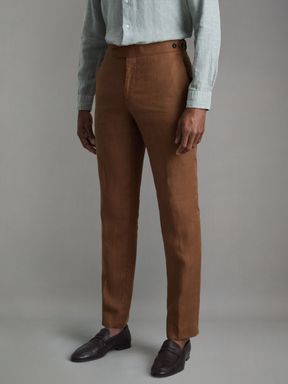 Tobacco Brown Reiss Kin Slim Fit Linen Adjuster Trousers