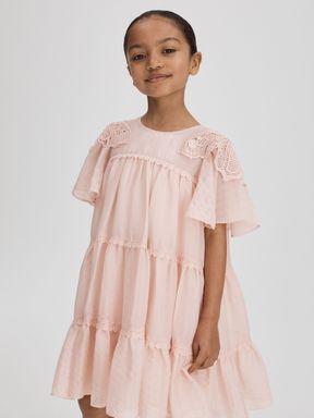 Pink Reiss Leonie Tiered Embroidered Dress