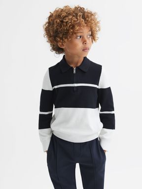 Navy/White Reiss Tokyo Slim Fit Half-Zip Long Sleeve Polo Shirt
