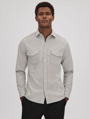 Soft Grey Melange Reiss Ragan Textured Button-Through Shirt