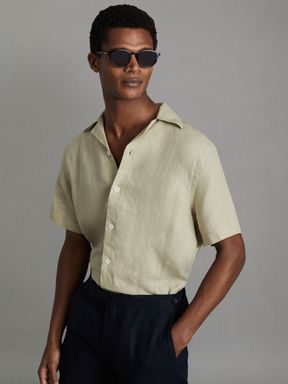 Chartreuse Reiss Beldi Relaxed Linen Cuban Collar Shirt