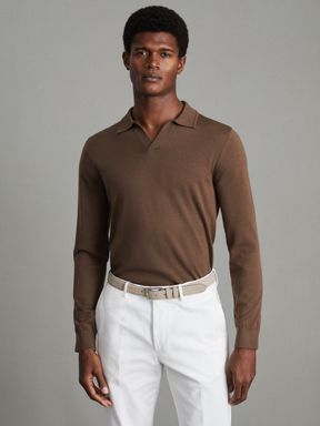 Pecan Brown Reiss Milburn Merino Wool Open Collar Polo Shirt