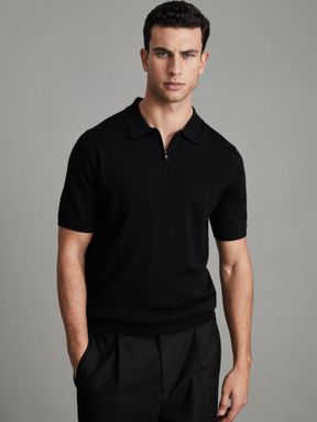 Black/Gunmetal Reiss Maxwell Merino Wool Half-Zip Polo Shirt