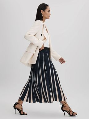 Navy/Cream Reiss Saige Pleated Striped Midi Skirt