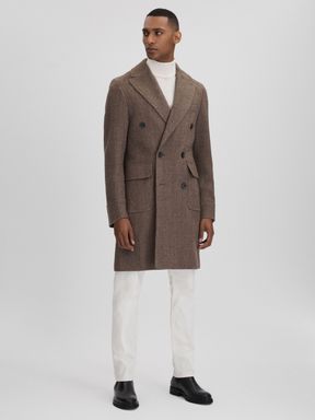 Dark Beige Oscar Jacobson Slim Fit Wool Double Breasted Coat