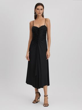 Black Halston Ruched Jersey Midi Dress