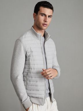 Soft Grey Melange Reiss Freddie Hybrid Quilt and Knit Zip-Through Jacket