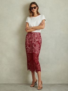 Burgundy Reiss Flo Sheer Lace Midi Pencil Skirt