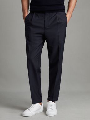 Navy Reiss Brighton Relaxed Drawstring Trousers with Turn-Ups