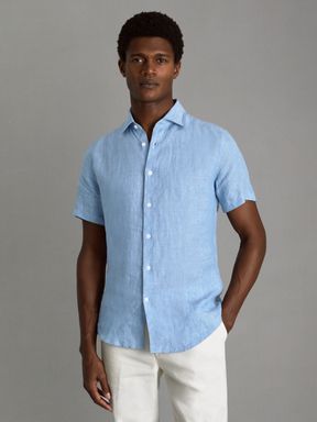 Sky Blue Reiss Holiday Slim Fit Linen Button-Through Shirt