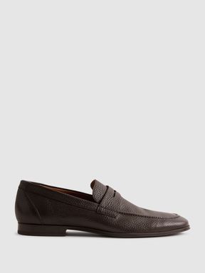 Dark Brown Reiss Bray Leather Grained Leather Slip-On Loafers
