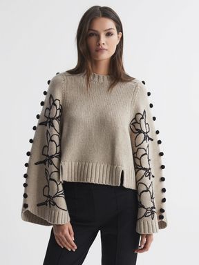 Stone/Black Joslin Wool Cropped Embroidered Jumper