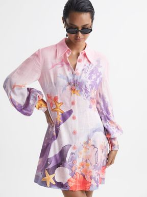 Neptune Print Coral Leo Lin Rayon Linen Blouson Sleeve Mini Dress