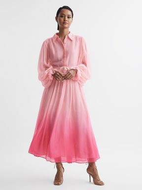 Ombre Pink Leo Lin Rayon Silk Tie Neck Midi Dress