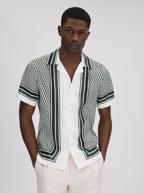 White/Green Reiss Blair Geometric Print Cuban Collar Shirt