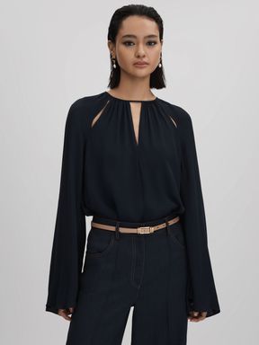 Navy Reiss Gracie Cut-Out Flute Sleeve Blouse