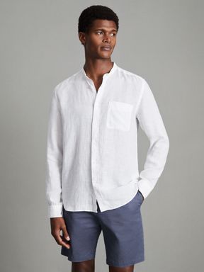 White Reiss Ocean Linen Grandad Collar Shirt