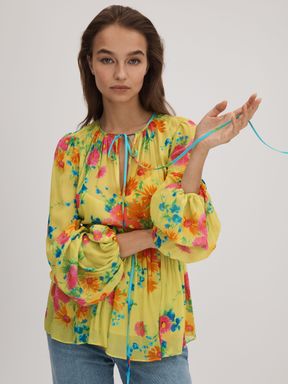 Lime Florere Printed Tie Neck Blouse