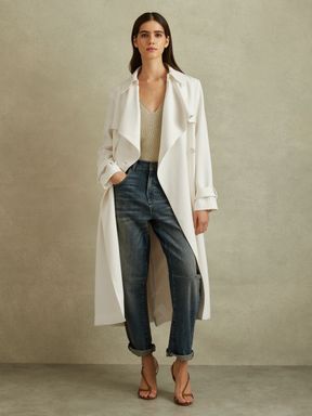 White Reiss Etta Double Breasted Belted Trench Coat