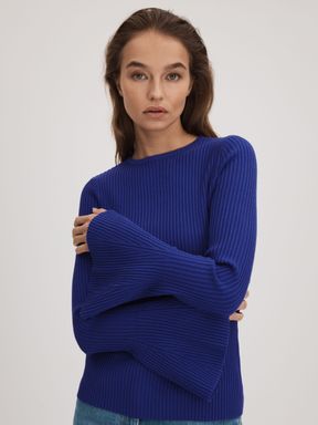 Bright Blue Florere Ribbed Fluted Cuff Jumper