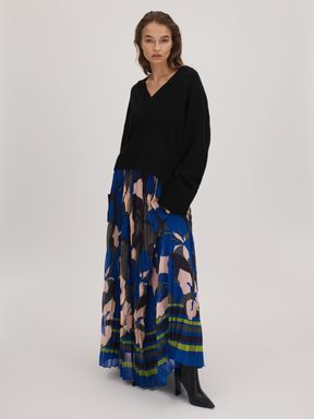 Blue/Khaki Florere Printed Pleated Maxi Skirt