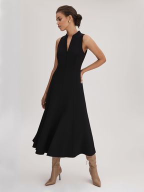Black Florere Zip Front Midi Dress