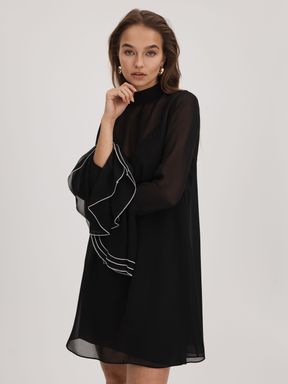 Black Florere Sheer Fluted Cuff Mini Dress