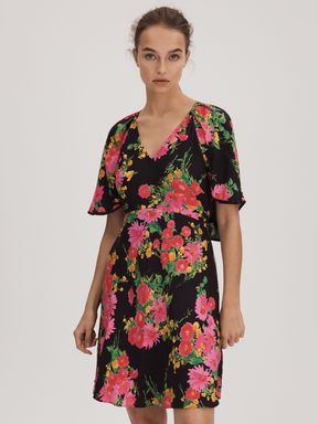 Pink/Black Florere Printed Cape Sleeve Mini Dress