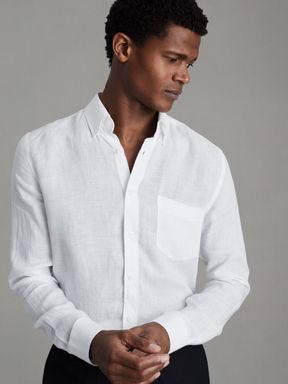 White Reiss Queens Linen Button-Down Collar Shirt