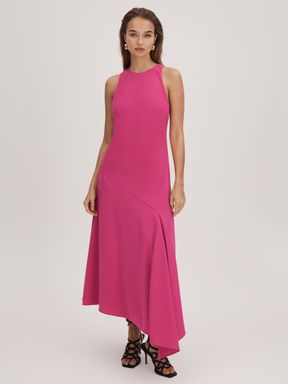 Deep Pink Florere Crepe Asymmetric Midi Dress