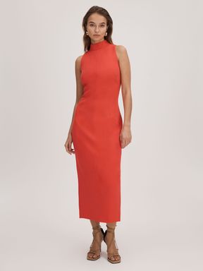 Deep Coral Florere Crepe Fitted Midi Dress