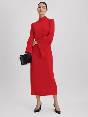 Red Reiss Katya Flute Sleeve Bodycon Midi Dress