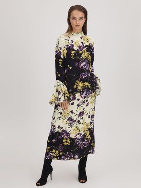 Multi Florere Printed Fluted Cuff Midi Dress