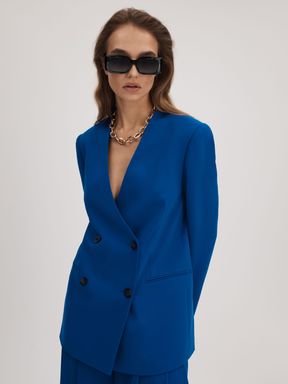 Bright Blue Florere Collarless Double Breasted Blazer