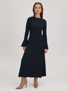 Navy Florere Fitted Fluted Cuff Midi Dress