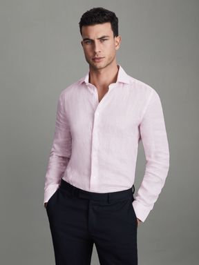 Soft Pink Fine Stripe Reiss Ruban Linen Button Through Shirt