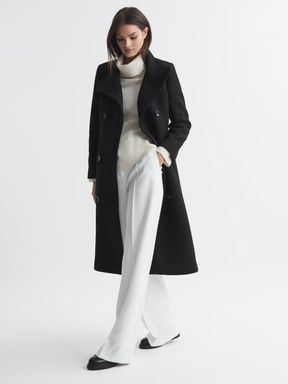 Black Reiss Blair Wool Blend Double Breasted Long Coat