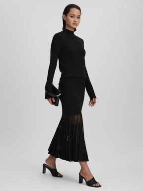 Black Reiss Tilly Knitted Sheer Flared Midi Skirt