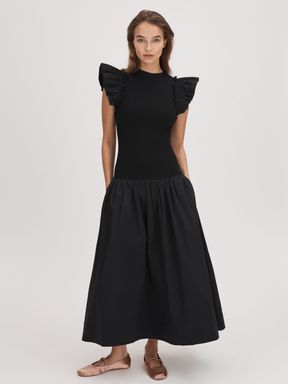 Black Florere Ruffle Sleeve Midi Dress