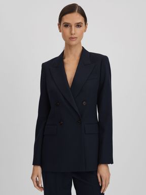 Navy Reiss Harley Wool Blend Double Breasted Suit Blazer