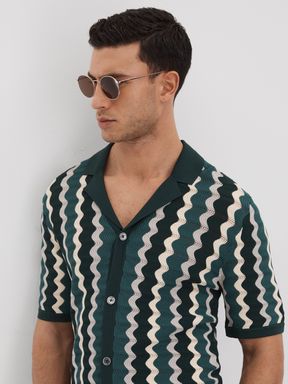 Green Multi Reiss Waves Knitted Cuban Collar Shirt