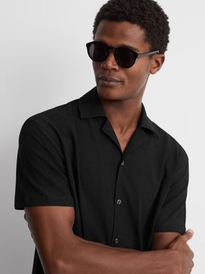 Black Reiss Hunt Textured Cuban Collar Shirt